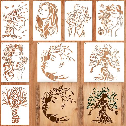 8Pcs Woman Tree Stencils, 11.8×11.8 inch Tree of Life Stencils for Painting Plastic PET, Reusable Drawing Template for Crafts Card Making Canvas Furniture in Saudi Arabia
