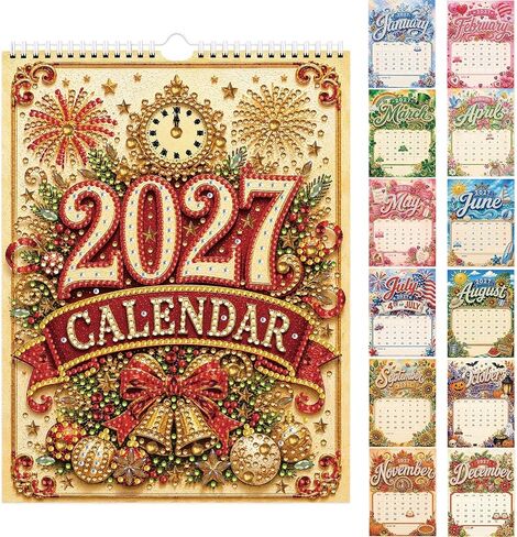 لوحة فنية ماسية 2027 تقويم حائط، DIY 12 شهرًا تقويم حائط معلق مثالي للمنزل والمكتب 25 × 17 سم جانب واحد-01-2027 in Kuwait