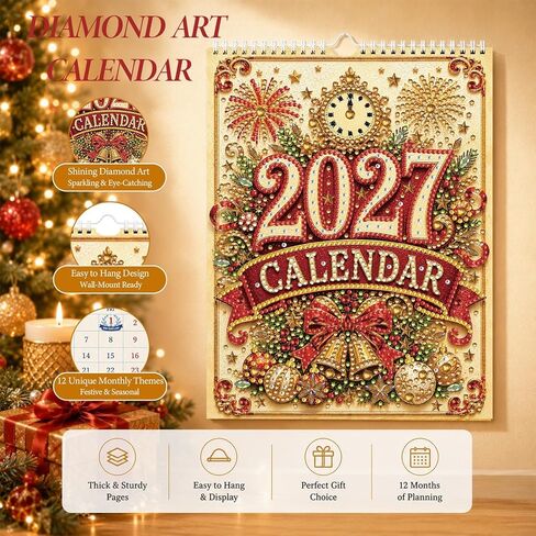 لوحة فنية ماسية 2027 تقويم حائط، DIY 12 شهرًا تقويم حائط معلق مثالي للمنزل والمكتب 25 × 17 سم جانب واحد-01-2027 in Kuwait