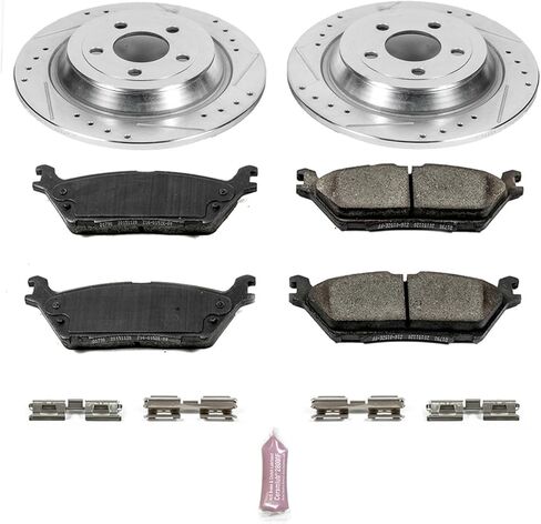 طقم فرامل خلفية PowerStop لسيارة Ford F-150 2015-17 - دوارات قرصية محفورة ومشقوقة مع استبدال وسادات فرامل سيراميك من ألياف الكربون، K6814 in Kuwait