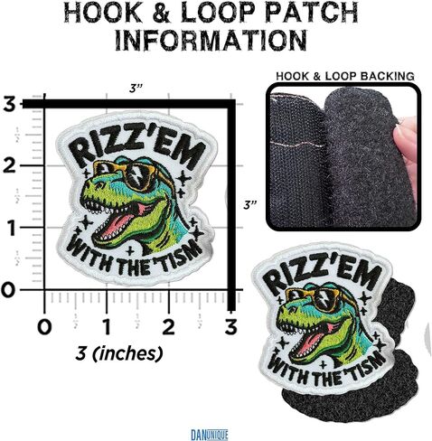 Rizz Em with The Tism Hook and Loop Patch Funny Trex Dinosaur Autism Patches الفكاهة هوك وحلقة بقع مطرزة للقبعات، والحقائب، وسترة الكلب، وهدايا التصحيح العسكرية التكتيكية 3 بوصات in Kuwait