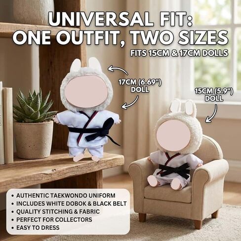 3pcs Taekwondo Doll Outfit Set Compatible with Labubu 15 17cm Display Costume Martial Arts Style Photo Collector Gift (White) in Saudi Arabia