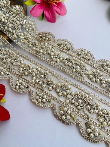 Luxury Pearl and Mirror Trim, Gold Embroidered Lace Border, 2 Inch Wide Decorative Ribbon for Wedding, Available in 1, 3 and 6 Yard (6) in Saudi Arabia