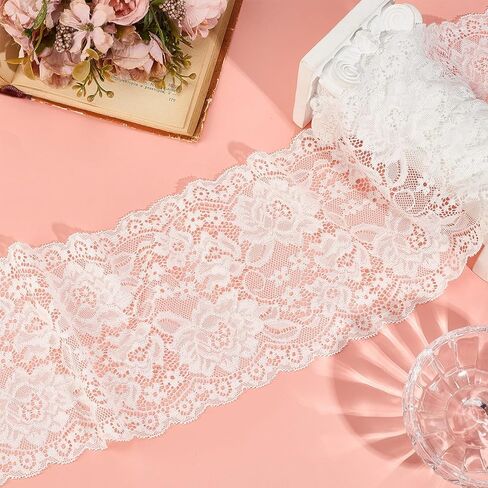 5 Yards Ivory Stretch Lace Ribbon, 5.9 Inch Elastic Floral Pattern Fabric Trim, Embroidered Tulle Crochet Sewing Trim for Bridal Wedding Decorations Sewing and DIY Crafts in Saudi Arabia