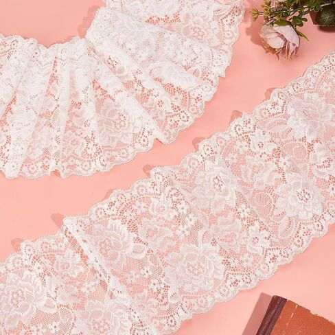 5 Yards Ivory Stretch Lace Ribbon, 5.9 Inch Elastic Floral Pattern Fabric Trim, Embroidered Tulle Crochet Sewing Trim for Bridal Wedding Decorations Sewing and DIY Crafts in Saudi Arabia