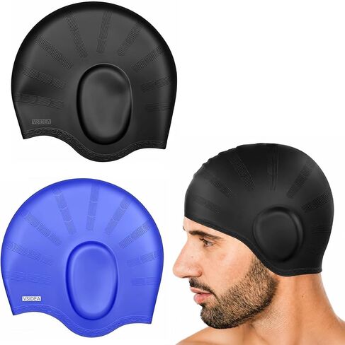 Silicone Swim Cap (2pack),Ear Protection 3D Ergonomic Design Waterproof Bathing Solid Swimming Cap Ear Cover Pockets Comfortable for Adult Men Women Long Hair in Saudi Arabia