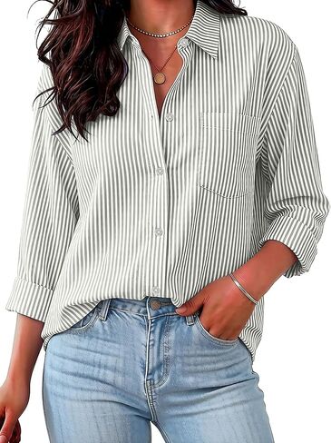 Wrinkle Free Striped Button Down Shirt Women Collared Long Sleeve Blouse Business Work Tops with Pocket in Saudi Arabia