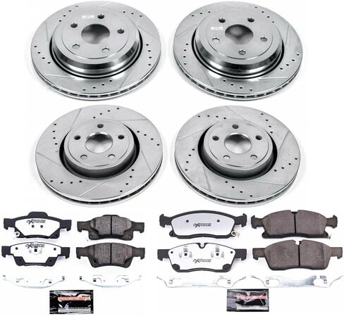طقم فرامل أمامية وخلفية PowerStop لسيارة دودج دورانجو 2021-24 | جيب جراند شيروكي 2016-21 - وسادات فرامل سيراميك من ألياف الكربون للشاحنة والسحب + ترقية الدوارات المحفورة والمشقوقة، K7136-36 in Kuwait