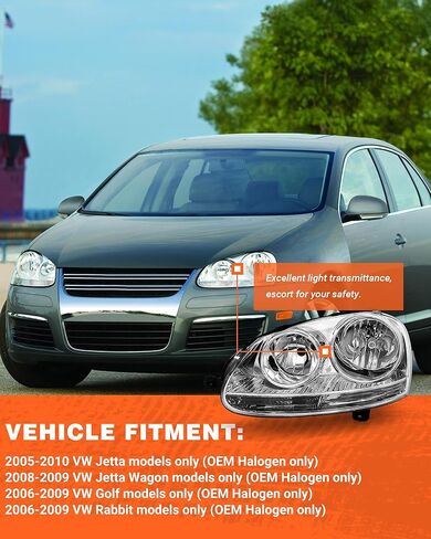 لـ 06 07 08 09 مجموعة المصابيح الأمامية لمبيت الجولف/الأرنب (الهالوجين OEM فقط) تناسب 2005-2010 فولكس فاجن جيتا نوع 5 سيدان للمصابيح الأمامية عاكس واضح يسار + يمين in Kuwait
