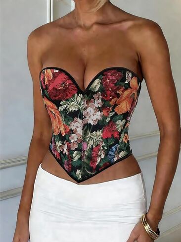 Vintage Floral Print Overbust Corset for Women, Bustier Shapewear Lingerie, Waist Push Up Bodysuit for Party Club in Saudi Arabia