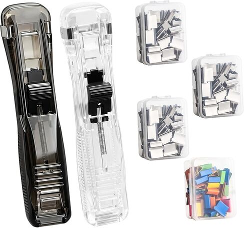2PCS Paper Clip Dispenser with 200PCS Clam Clips, Portable Mini Stapler Holeless Stationery Push Clip and Paper Clamp for School Office Home (2 Colors) in Saudi Arabia