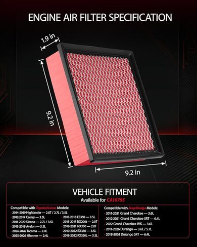 EVIL ENERGY Engine Air Filter, Compatible with Toyota 2011-2025 Camry/Highlander/Sienna/Avalon/Tacoma/4Runner, Lexus 2010-2025 ES/NX/RX, Jeep 2009-2025, Dodge 2011-2025, Replace CA10755 in Kuwait