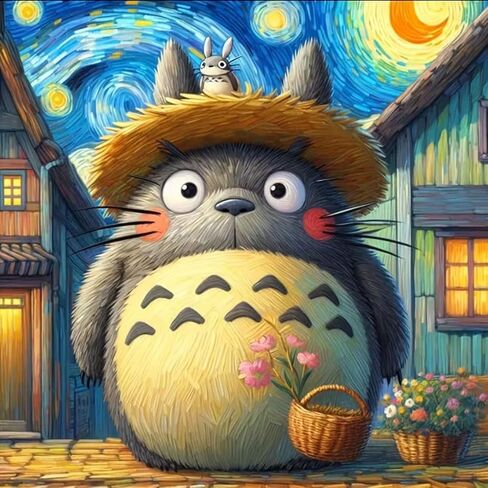مجموعة الطلاء الماسي Diosedyer Totoro للبالغين، 5D الحفر الكامل Van Gogh Starry Night Style Anime Totoro مع قبعة من القش فن الماس، حرفة ماسية كرتونية DIY لديكور الحائط المنزلي 11.8 × 11.8 بوصة in Kuwait
