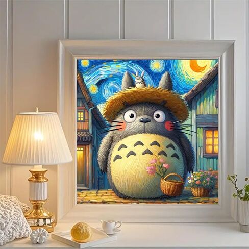 مجموعة الطلاء الماسي Diosedyer Totoro للبالغين، 5D الحفر الكامل Van Gogh Starry Night Style Anime Totoro مع قبعة من القش فن الماس، حرفة ماسية كرتونية DIY لديكور الحائط المنزلي 11.8 × 11.8 بوصة in Kuwait