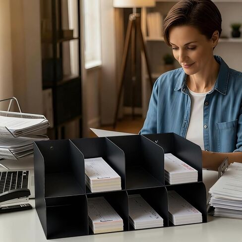 Gisafai Metal Check Sorter Organizer 8 Pocket, 2 Tier Black Iron Document Holder, 16 x 8 x 7.5 Inch, Wall Mountable, Heavy Duty Countertop Receipt Storage Rack for Bank, Office, Retail, Restaurant in Kuwait