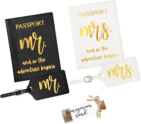 Mr & Mrs Luggage Tags and Passport Holders Set with Gold Foil Lettering and Honeymoon Sand Keepsake Bottle, Wedding Travel Accessories, Bride & Groom Honeymoon Gift Set (Black&White) in Saudi Arabia