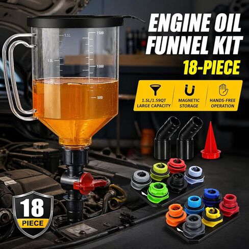 STONESTAR Engine Oil Funnel Kit, 18-Piece No Spill Oil Funnel Set with 12 Adapters, 1.59QT, Hands-Free, Magnetic Storage, for Oil Change, Fits GM Ford BMW Audi Toyota Honda in Saudi Arabia