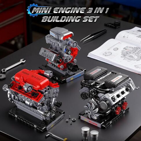 JMBricklayer 3-in-1 Mini Engine Model Car Kits that Runs, V8 V12 W16 Engine Kits for Adults & Teens, Physical Science Experiment STEM Toy, Collectible Engineering Gifts for Car Lovers 840PCS in Kuwait
