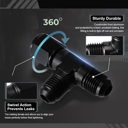 6AN Male Tee Fitting Adapter with AN6 Female Swivel on Run Aluminum Black in Saudi Arabia