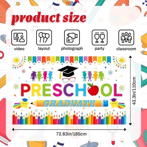 Preschool Graduation Backdrop and Banner, Pre K Graduation Decor, Class of 2026, Photography Background for Kindergarten Party, 72.8x43.3 Inches White in Saudi Arabia
