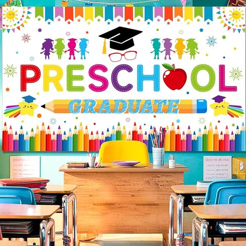 Preschool Graduation Backdrop and Banner, Pre K Graduation Decor, Class of 2026, Photography Background for Kindergarten Party, 72.8x43.3 Inches White in Saudi Arabia