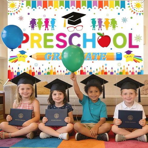 Preschool Graduation Backdrop and Banner, Pre K Graduation Decor, Class of 2026, Photography Background for Kindergarten Party, 72.8x43.3 Inches White in Saudi Arabia