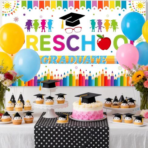 Preschool Graduation Backdrop and Banner, Pre K Graduation Decor, Class of 2026, Photography Background for Kindergarten Party, 72.8x43.3 Inches White in Saudi Arabia