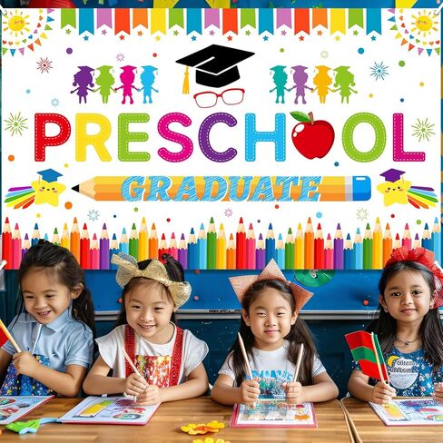 Preschool Graduation Backdrop and Banner, Pre K Graduation Decor, Class of 2026, Photography Background for Kindergarten Party, 72.8x43.3 Inches White in Saudi Arabia