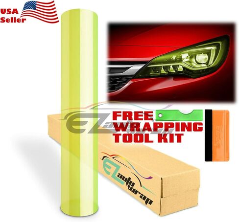 EZAUTO WRAP Free Tool Kit 12"x60" (1FT x 5FT) Glossy Neon Yellow Headlight Taillight Fog Light Side Marker Vinyl Tint Film Self Adhesive in Kuwait