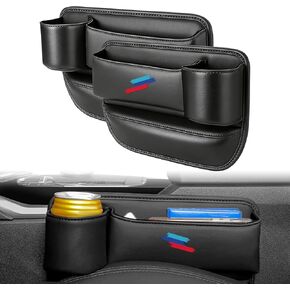 2 PCS Car Seat Gap Filler Organizer, Thickened Anti-Slip Leather Car Seat Crevice Storage Box with Cup Holder for BMW X3 X5 X7 X1 X6 X4 X1 X2 3 4 5 7 1 2 Accessories, with Sporty M 3-color logo in Kuwait