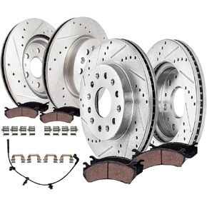 محور ديترويت - طقم فرامل مكون من 8 قطع لسيارة Chevy Traverse Limited GMC Acadia Blazer Buick Enclave، وسادات فرامل سيراميك محفورة ودوارات مكابح مشقوقة مع الأجهزة: دوارات أمامية مقاس 12.64 بوصة ودوارات خلفية مقاس 12.40 بوصة in Kuwait