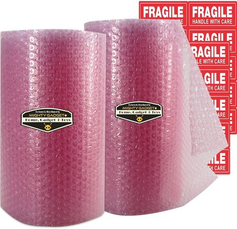 Mighty Gadget Pink Anti-Static Bubble Cushioning Wrap Rolls for Moving & Packaging with Perforated Line Every 12"(12" x72 Feet, 36’/Roll) + Free Fragile Labels in Saudi Arabia