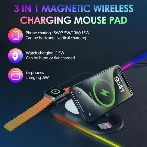RGB Gaming Mouse Pad, Wireless Charging Mousepad, Mouse Mat, 800 * 300 * 4mm, 15 Light Modes, Anti-Slip Base, Wireless Charging for Watches, Headphones, and Mobile Phones in Kuwait