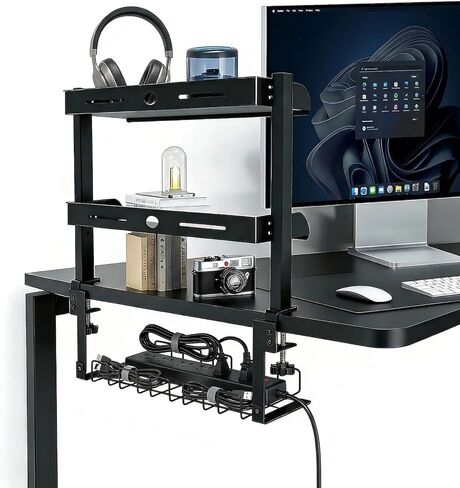 Clamp On Desk Shelf, 17'' 2-Tier Desktop Organizer Shelf with Under-Desk Hidden Storage Basket, Heavy-Duty Desk Shelves for Top of Desk, Space-Saving Desk Storage for Home Office Gaming Setup (Black) in Saudi Arabia
