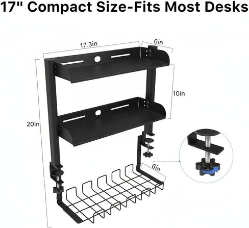 Clamp On Desk Shelf, 17'' 2-Tier Desktop Organizer Shelf with Under-Desk Hidden Storage Basket, Heavy-Duty Desk Shelves for Top of Desk, Space-Saving Desk Storage for Home Office Gaming Setup (Black) in Saudi Arabia