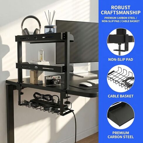 Clamp On Desk Shelf, 17'' 2-Tier Desktop Organizer Shelf with Under-Desk Hidden Storage Basket, Heavy-Duty Desk Shelves for Top of Desk, Space-Saving Desk Storage for Home Office Gaming Setup (Black) in Saudi Arabia