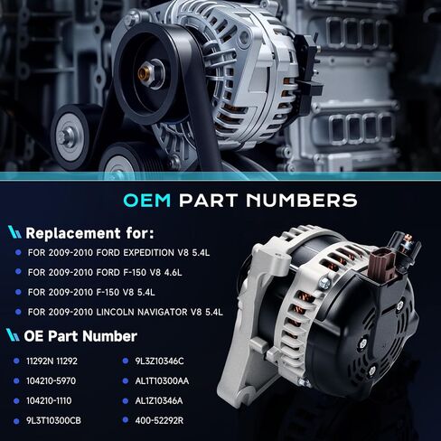 ZSZ NEW 11292N Alternator Compatible with Ford F-150 2009-2010 4.6L/5.4L,Expedition & Navigator 2009-2010 V8 5.4L, 12V 150A Alterntor Replaces #9L3T10300CB 104210-5970 AL1T10300AA in Saudi Arabia