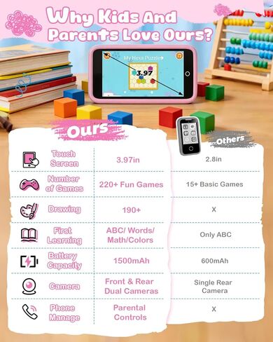 Kids Smart Toy Phone, Dual Camera with Stickers, 3.97" Touchscreen Learning Toy with 210+ Games, 190+ Drawing Activities, 8GB Kids Cell Phone, for Ages 3-12 (Pink ) in Saudi Arabia