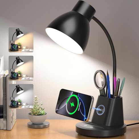 مصباح مكتب للمكتب المنزلي، شحن لاسلكي 10 وات، مصباح مكتب LED للعناية بالعين، CRI 95+ 3 أوضاع ألوان حامل قلم تعتيم بدون خطوات، مصابيح مكتب بذراع مرنة 360 درجة للسكن الجامعي، متضمن محول in Kuwait