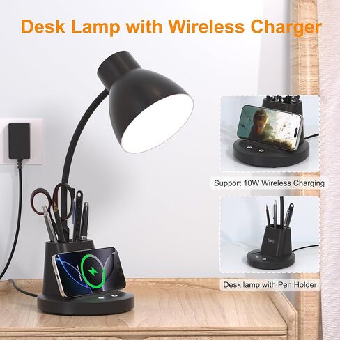 مصباح مكتب للمكتب المنزلي، شحن لاسلكي 10 وات، مصباح مكتب LED للعناية بالعين، CRI 95+ 3 أوضاع ألوان حامل قلم تعتيم بدون خطوات، مصابيح مكتب بذراع مرنة 360 درجة للسكن الجامعي، متضمن محول in Kuwait