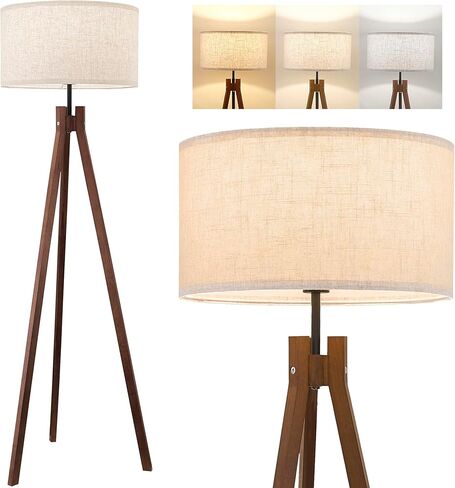 ELYONA Nordic Wood Tripod Floor Lamp, Modern Reading Standing Lamp for Living Room 3 Color Temperatures LED Bulb Included Flaxen Lamp Shade, Boho Natural Wooden floor lamp for Bedroom Office Kids Room in Saudi Arabia