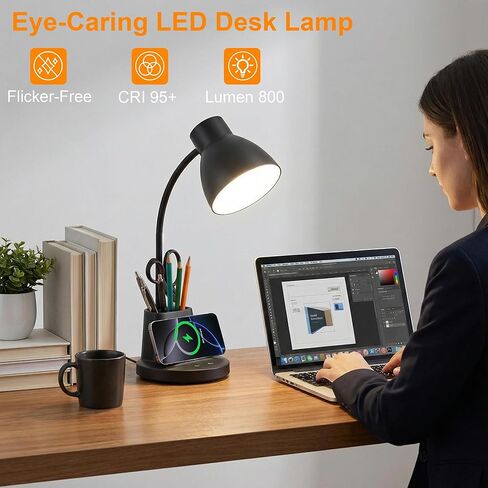مصباح مكتب للمكتب المنزلي، شحن لاسلكي 10 وات، مصباح مكتب LED للعناية بالعين، CRI 95+ 3 أوضاع ألوان حامل قلم تعتيم بدون خطوات، مصابيح مكتب بذراع مرنة 360 درجة للسكن الجامعي، متضمن محول in Kuwait
