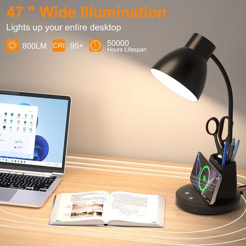 مصباح مكتب للمكتب المنزلي، شحن لاسلكي 10 وات، مصباح مكتب LED للعناية بالعين، CRI 95+ 3 أوضاع ألوان حامل قلم تعتيم بدون خطوات، مصابيح مكتب بذراع مرنة 360 درجة للسكن الجامعي، متضمن محول in Kuwait