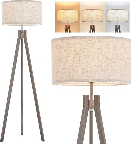 ELYONA Nordic Wood Tripod Floor Lamp, Modern Reading Standing Lamp for Living Room 3 Color Temperatures LED Bulb Included Flaxen Lamp Shade, Boho Natural Wooden floor lamp for Bedroom Office Kids Room in Saudi Arabia