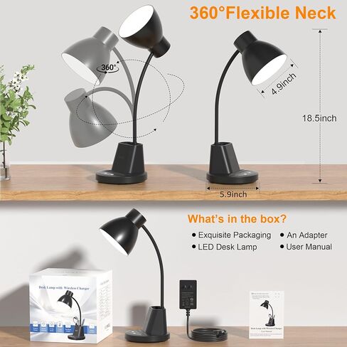 مصباح مكتب للمكتب المنزلي، شحن لاسلكي 10 وات، مصباح مكتب LED للعناية بالعين، CRI 95+ 3 أوضاع ألوان حامل قلم تعتيم بدون خطوات، مصابيح مكتب بذراع مرنة 360 درجة للسكن الجامعي، متضمن محول in Kuwait