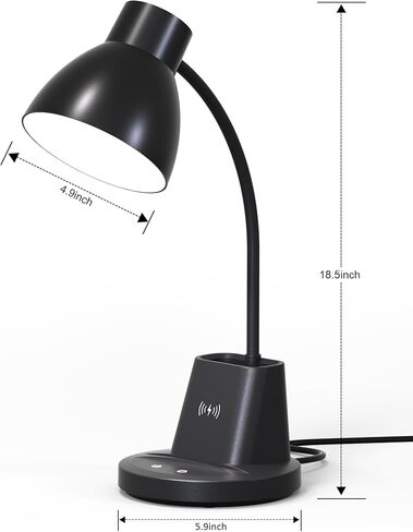 مصباح مكتب للمكتب المنزلي، شحن لاسلكي 10 وات، مصباح مكتب LED للعناية بالعين، CRI 95+ 3 أوضاع ألوان حامل قلم تعتيم بدون خطوات، مصابيح مكتب بذراع مرنة 360 درجة للسكن الجامعي، متضمن محول in Kuwait