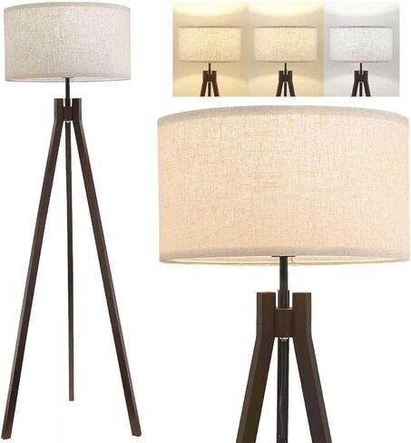 ELYONA Nordic Wood Tripod Floor Lamp, Modern Reading Standing Lamp for Living Room 3 Color Temperatures LED Bulb Included Flaxen Lamp Shade, Boho Natural Wooden floor lamp for Bedroom Office Kids Room in Saudi Arabia