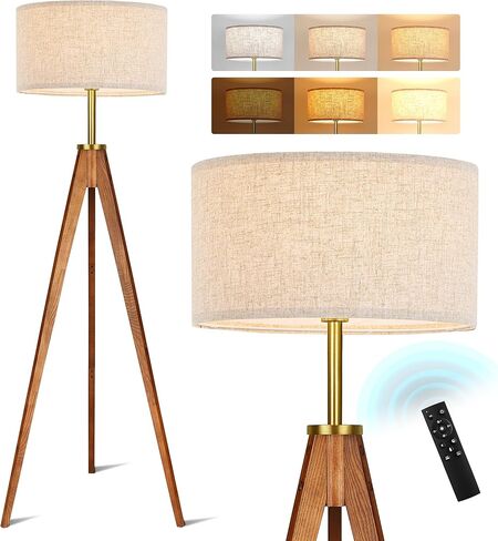 ELYONA Nordic Wood Tripod Floor Lamp, Modern Reading Standing Lamp for Living Room 3 Color Temperatures LED Bulb Included Flaxen Lamp Shade, Boho Natural Wooden floor lamp for Bedroom Office Kids Room in Saudi Arabia