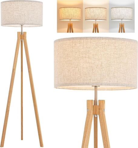 ELYONA Nordic Wood Tripod Floor Lamp, Modern Reading Standing Lamp for Living Room 3 Color Temperatures LED Bulb Included Flaxen Lamp Shade, Boho Natural Wooden floor lamp for Bedroom Office Kids Room in Saudi Arabia