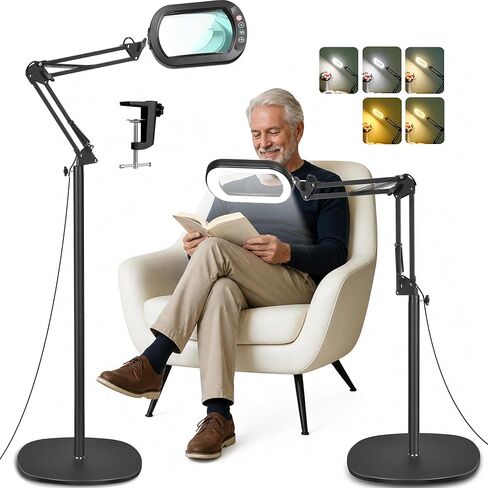 IVMAIE 12X Magnifying Glass with Light and Stand, Real Glass Lens, 5 Color Modes LED Dimmable Lighted, 3-in-1 Floor Lamp with Clamp, Hands Free Magnifier for Reading, Craft Sewing Painting Close Work in Saudi Arabia